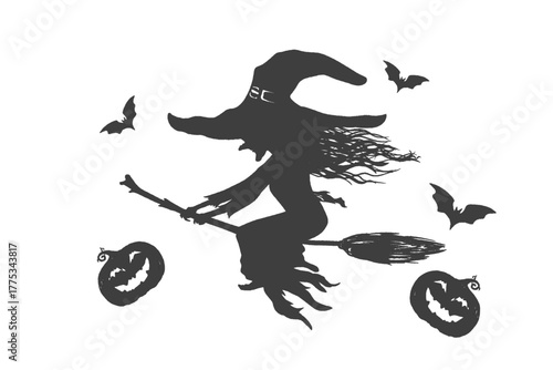 Halloween themed image with silhouette of witch on broomstick