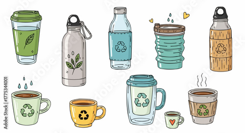 Reusable water bottles and cups.