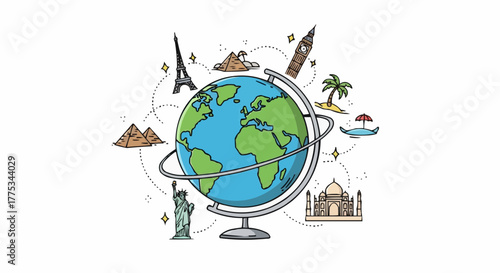 Exploring global landmarks through a vibrant travel-themed illustration featuring iconic world destinations, globe and stars