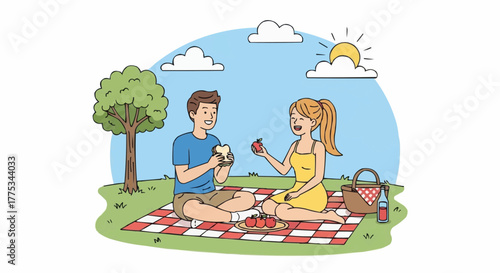 Couple enjoy picnic in park.
