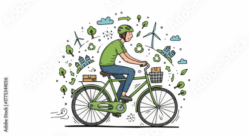 Person riding a bicycle with shipping boxes. The background represents the green city with windmills and trees.