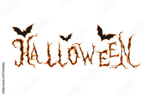 Halloween writing with tree branch and bat pattern without background