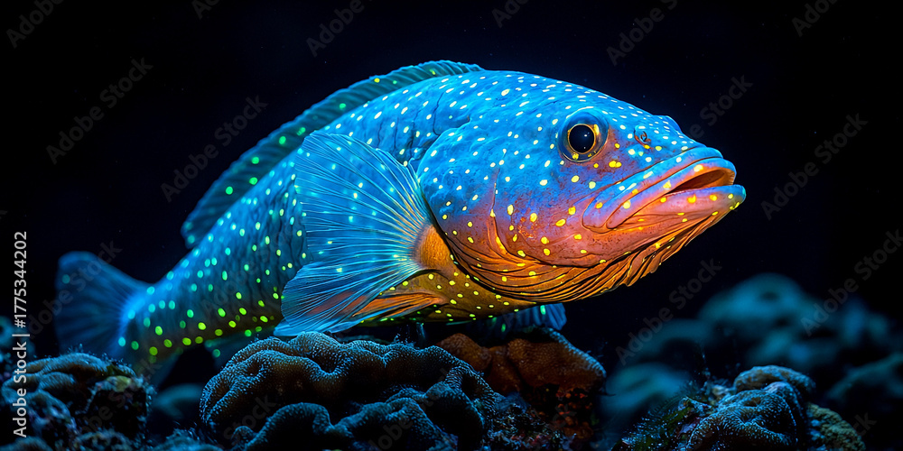 Fototapeta premium Rare Napoleon wrasse swims in vibrant coral reef waters Generative AI