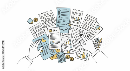 Preparation of taxes and finances. Graphs and charts on documents with financial reports and calculator.