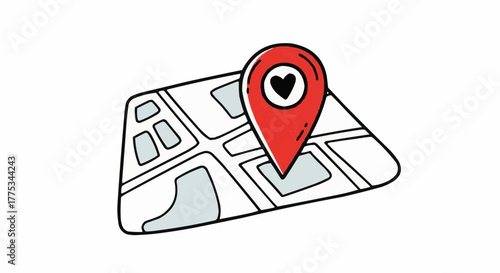 Illustration of a map with a red pin and a black heart marking a favorite location or place of significance, outlined in black.