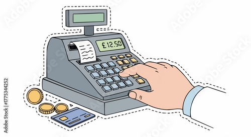 Cash register illustration with receipt and coins.