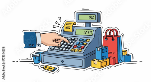 cash register with hand.