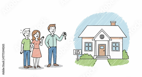 Real estate agent hands over house key.