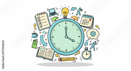 Clock illustration with concept icons.