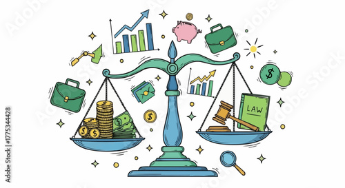 Balance scale illustration representing law and finance.