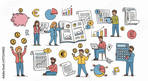 Illustrative figures discuss charts, currencies, and investments, symbolizing financial planning and teamwork.
