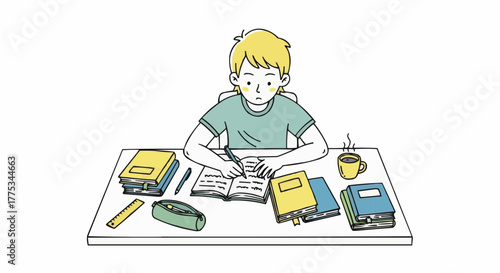A focused student engrossed in writing, surrounded by books, stationery, and a warm cup on a white background.