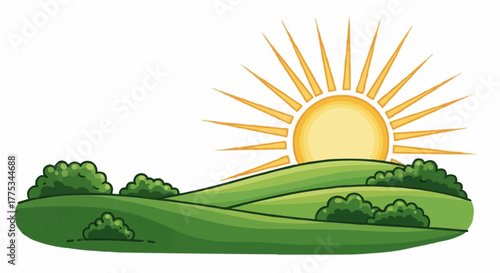 Cartoon illustration of rolling green hills with shrubs under a bright yellow sun, radiating warmth across the landscape.