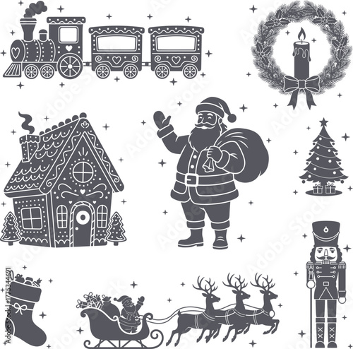 Classic Christmas Silhouettes Set, Santa Gingerbread House Train Wreath Reindeer Sleigh Nutcracker Tree Stocking Vector Holiday Elements
