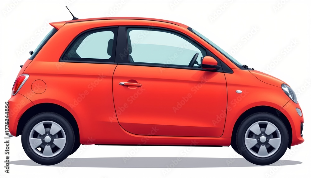 Obraz premium A red compact car is parked against a white background.