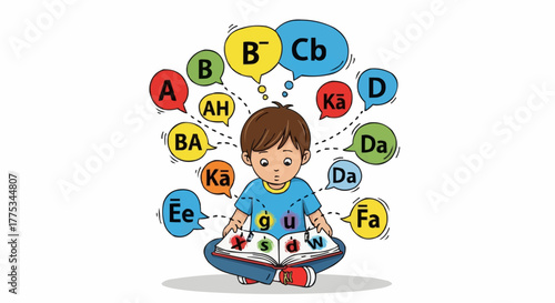 boy reading a book with words in mind