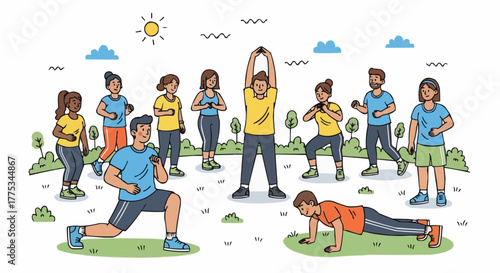 Group of people exercise in the park.