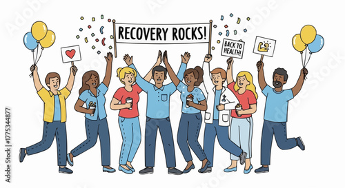 Illustration depicting individuals celebrating recovery