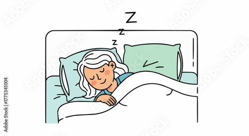 A serene illustration of a sleeping woman under a cozy blanket, dreaming peacefully in her comfy bed at nighttime.