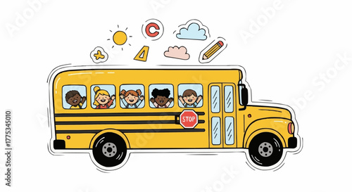A yellow school bus full of children waving, with sun, letters, numbers and clouds floating above the bus.