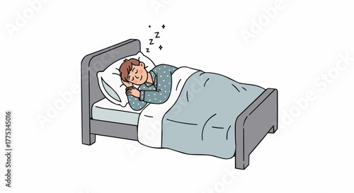 A person wearing pajamas is asleep on a bed, covered in a blue blanket, with Zs above their head in a white background.