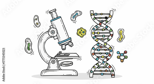 A fascinating depiction of scientific exploration, with a focus on DNA, a microscope, and different organisms.