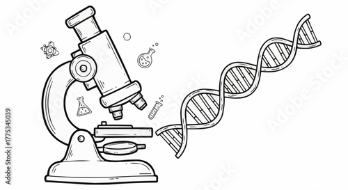 A black and white line art illustration of a microscope with a DNA strand, beakers, and a atom floating around.