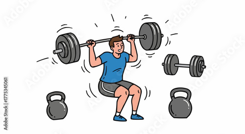 Cartoon man lifting heavy barbell with visible strain. Dumbbells and kettlebells surround the weightlifter.
