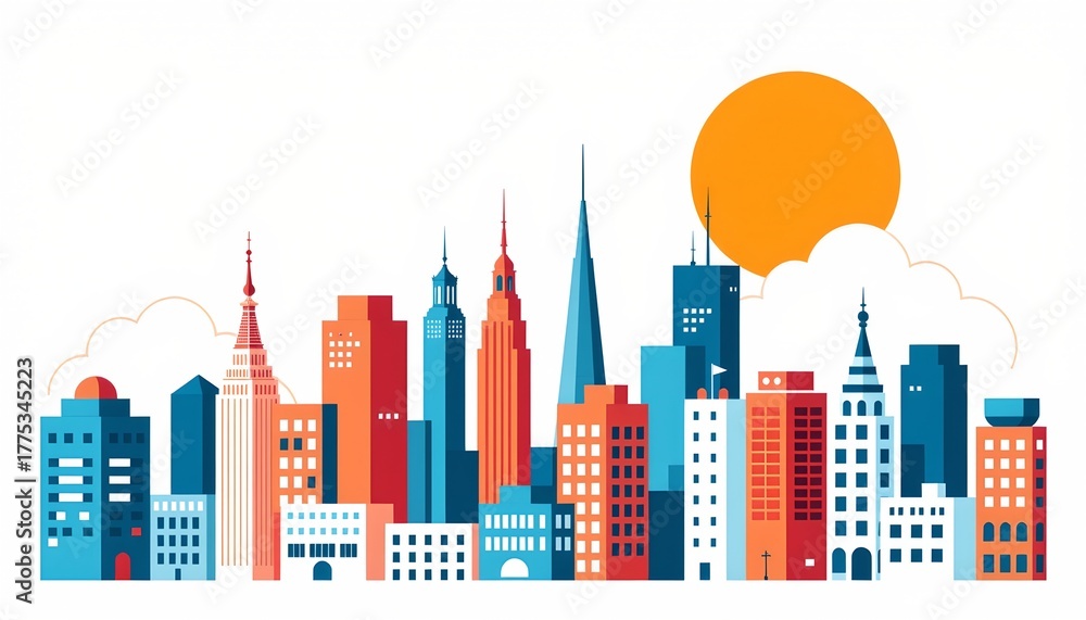 Fototapeta premium A digital illustration of an urban cityscape with buildings, skyscrapers, streets, and a stylized depiction of the city skyline during what appears to be sunrise or sunset