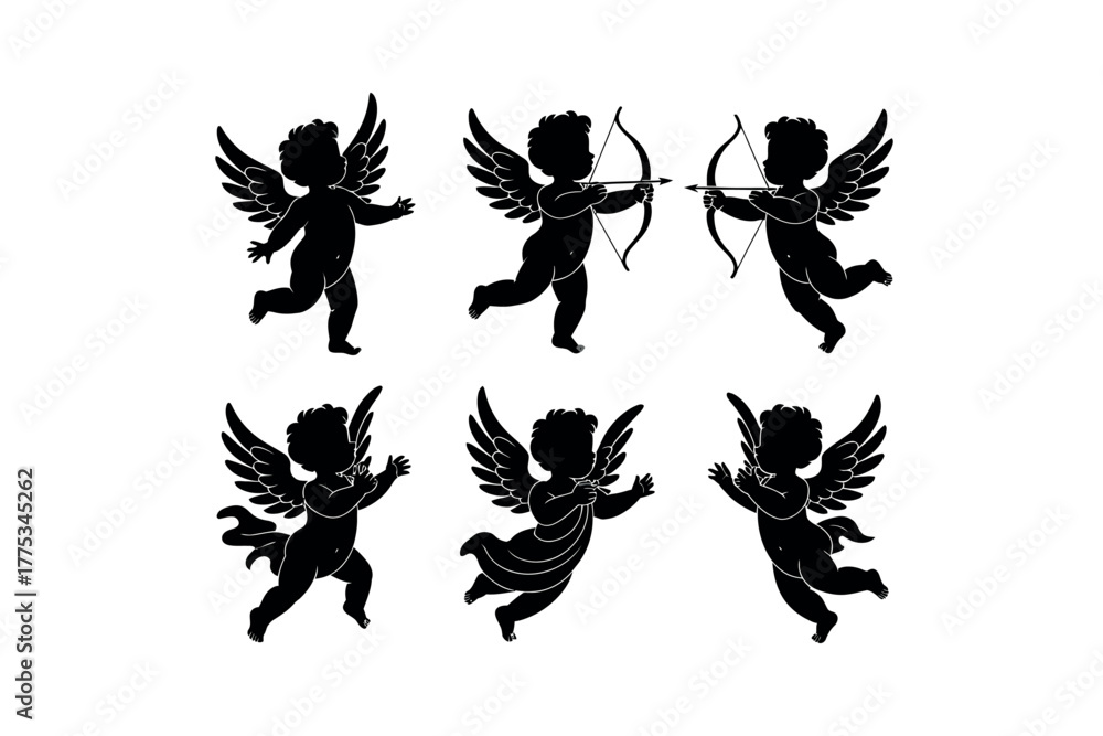 Obraz premium Silhouettes of cherubs with wings, bows, and arrows in various poses