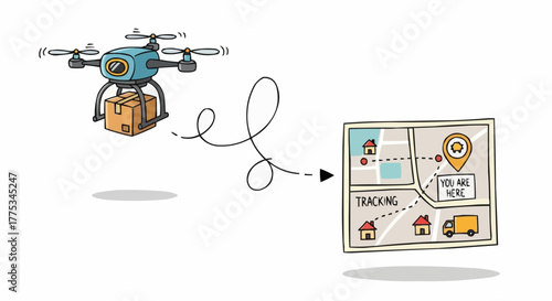 Drone delivery and tracking map illustration.