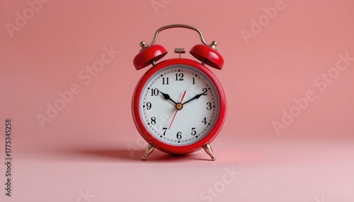 A red alarm clock with gold hands against a pink background.