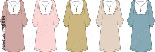Five Colorful Dresses with Y-Necklaces Illustration