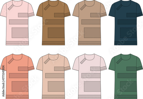 Set of vector t-shirt design templates with rectangular color block patterns, shown in a variety of different color palettes for apparel mock-ups