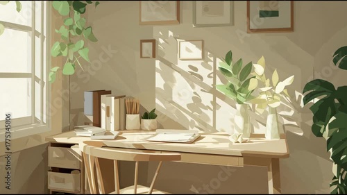 Warm Sunlight Streaming into a Cozy Home Office with Lush Green Houseplants and Minimalist Wooden Desk.