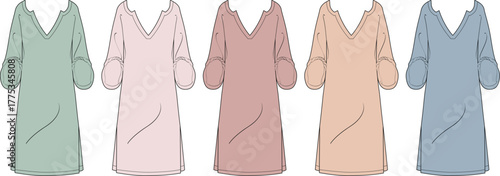 Collection of five loose-fitting v-neck dresses in pastel colors, showcasing a variety of muted shades for versatile styling options