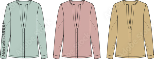 Three different colored women's tops in a row, featuring a V-neckline and long sleeves