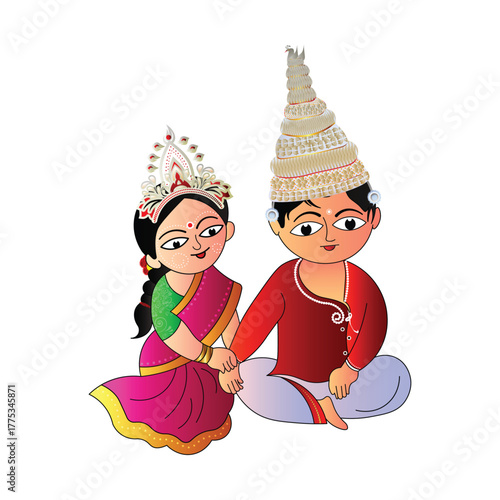 Bengali Wedding Couple Cartoon Vector | Indian Bride and Groom Illustration
