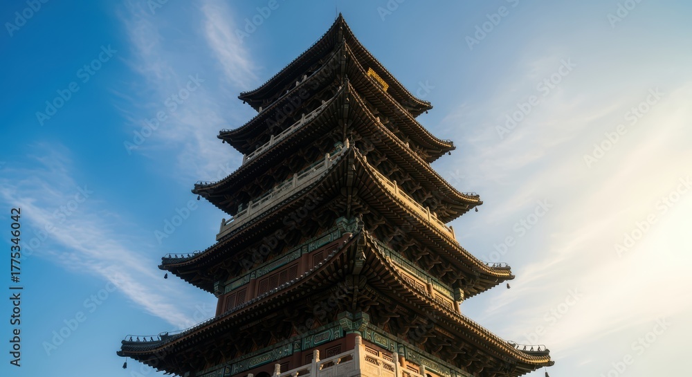 Fototapeta premium Historic asian pagoda against blue sky at sunrise