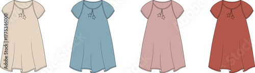 Digitally rendered collection of four comfortable women's casual dresses with short sleeves and a tie-neck detail, presented in a versatile color palette for everyday wear and summer style
