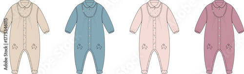 Adorable baby romper onesie garment sketch in different colors