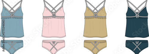 Stylish illustrated concept of women's camisole and matching briefs in a range of appealing colors, perfect for comfortable sleepwear or everyday lingerie