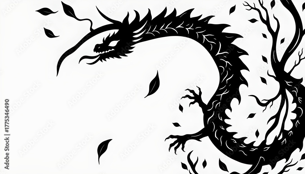 Fototapeta premium A captivating scene featuring a dragon like creature entwined around a tree with a unique black and white color scheme