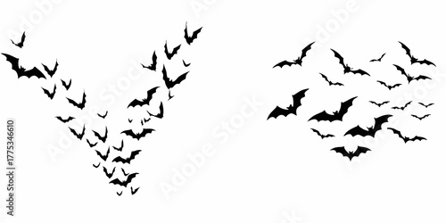 A swarm of black silhouette bats flying in a v formation and a scattered group against a white background