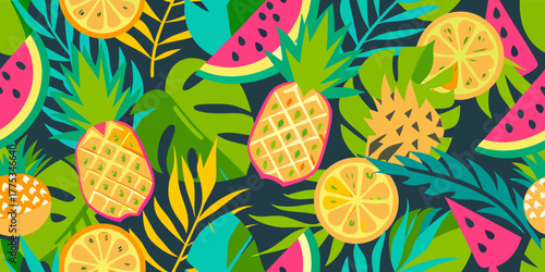 Vibrant tropical fruit and leaf pattern with pineapples oranges and watermelon slices