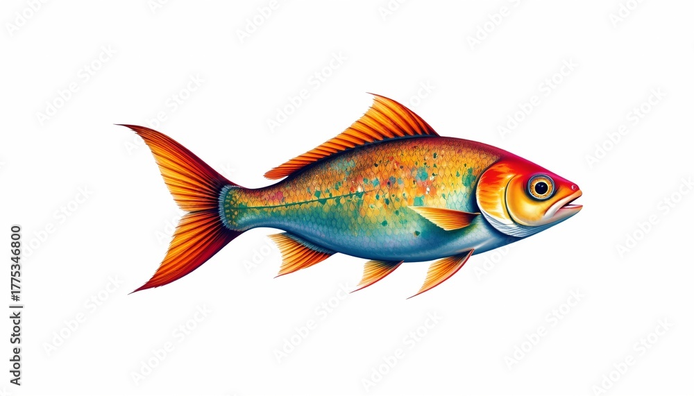 Fototapeta premium A vibrant fish with striking colors of red, blue, yellow, and green adorns its body, swimming against a white background.