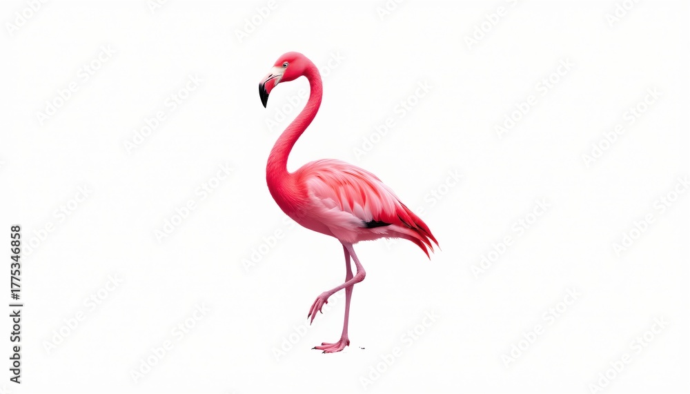 Fototapeta premium A single pink flamingo standing in profile against a plain background.