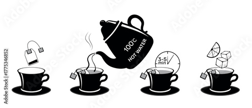 Making tea step by step Instruction how to make a hot drink. Tea or coffee brewing icons. Cup mug and tea bag. Perfect for packing, menu. Simple black and white design in minimalist modern style.