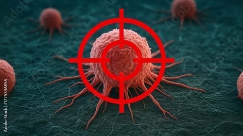 Cancer cell targeted under red crosshair concept of oncology research precision medicine tumor treatment immunotherapy and cancer detection showing microscopic 3d illustration background