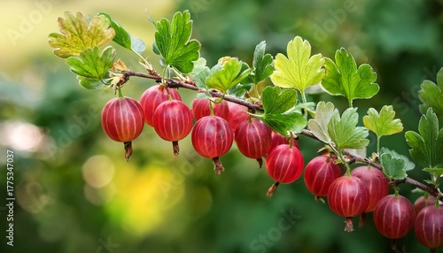 close up red ripe gooseberry branch with green lush background